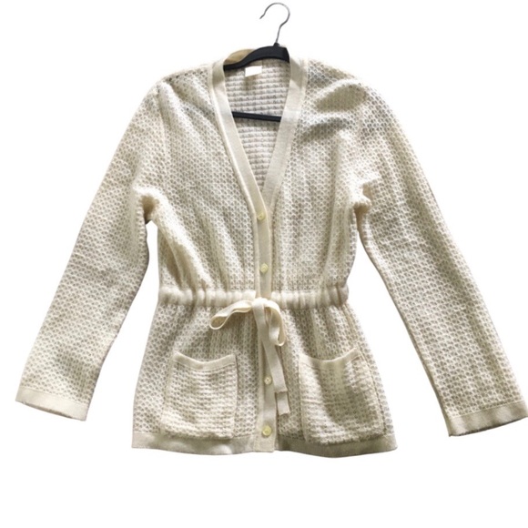 Vintage Belted Cardigan Womens 70s Cream Knit Sweater Tie Button Up Pockets M - Picture 1 of 9